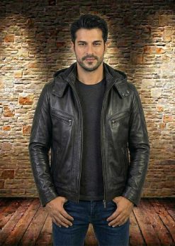 Ανδρικό δερμάτινο μπουφάν με κουκούλα (Κωδικός: 004)